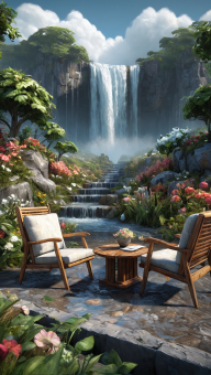 Tranquil Fantasy Landscape: A Serene Picnic Spot by the Waterfall