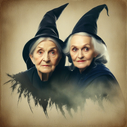 Mystical Portrait of Two Elderly Witches in a Halloween-Themed Setting