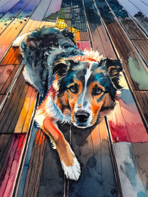 Calm Canine on a Serene Wooden Dock: A Coastal Illustration
