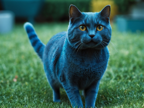 Striking Blue-Furred Cat with Yellow Eyes in Outdoor Setting