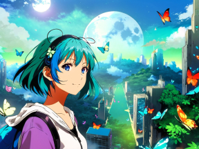 Dreamlike Night: Green-Haired Girl Amidst Moonlit City and Butterflies