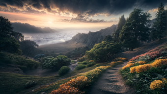 Enchanted Horizons: A Serene Fantasy Landscape at Dawn