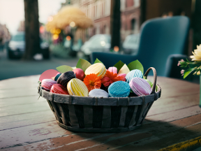 Colorful Macarons in a Basket: A Charming Outdoor Urban Treat Scene