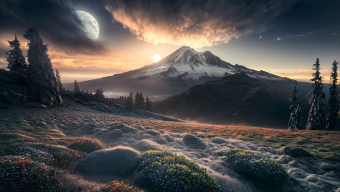 Serene Majesty: A Mountain at Dawn with Crescent Moon and Rocky Foreground