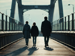 Twilight Stroll: Three Figures Crossing a Bridge in Serene Evening Light