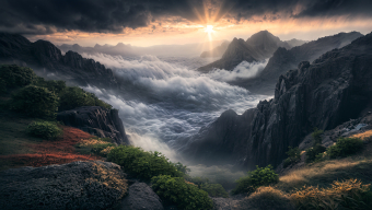 Tranquil Alpine Sunrise: Dandelions by the Mountain Lake