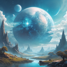 Celestial Serenity: A Mystical Landscape of Ancient Ruins and Ringed Worlds