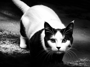 Black and White Cat Gazing at Dawn in an Outdoor Setting