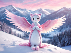 Whimsical White Cat with Pink Wings Meditating in a Snowy Fantasy Landscape
