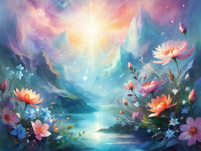 Enchanted Dawn: A Vibrant Fantasy Landscape of Blossoms and Light