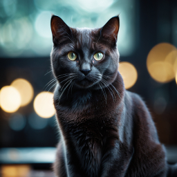 Glossy Black Cat Posing Gracefully Against Soft Bokeh Lights