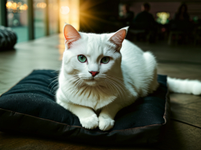 Curious White Cat with Light Green Eyes Sitting on a Cozy Cushion in Warm Indoor Setting