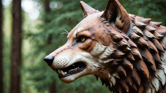 Detailed Outdoor Wolf Sculpture Capturing Intense Expression and Realistic Fur Texture
