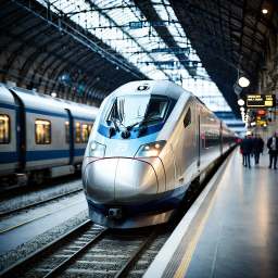 Sleek Modern High-Speed Bullet Train at a Bustling Daytime Transit Hub