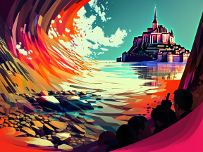 Vibrant Coastal Dawn: An Animated Wave Meets a Serene Village