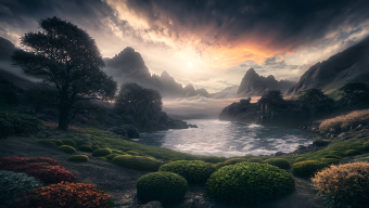 Tranquil Dawn Over a Lush Lakeside Landscape