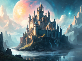 Moonlit Fantasy Castle on a Rocky Outcrop Over Water