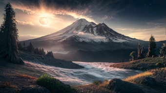 Tranquil Alpine Sunrise: Majestic Snow-Capped Peaks and Meandering River