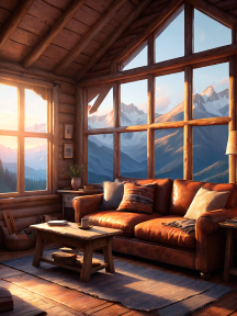 Cozy Rustic Cabin Living Room with Panoramic Mountain Sunrise View