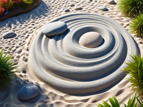 Intricate Karesansui Sand Garden with Ripple Patterns and Symbolic Stone Arrangements