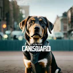 Urban Hound: A Brown Mixed-Breed Dog Wearing a Harness in Cityscape with "THE CANISGUARD" Text