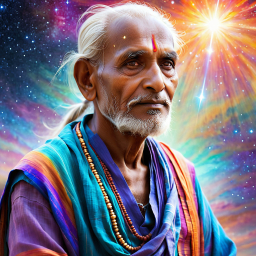 Elderly Sage Amidst Cosmic Energies: A Portrait of Spiritual Wisdom and Mysticism