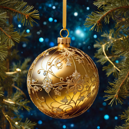 Golden Christmas Ornament with Intricate Designs Hanging on Evergreen Branch Against Starry Night Background