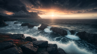 Stormy Coastal Drama: Waves Crashing Against Rocky Shores Under Ominous Skies