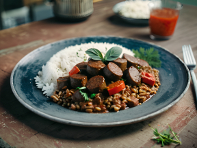 Hearty Mixed Rice and Sausage Stew with Fresh Herbs and Vegetables