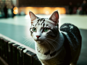 Majestic Green-Eyed Tabby Cat Gazing Intently Indoors