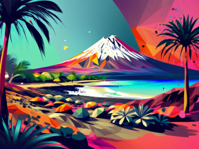 Tropical Volcano at Sunrise: A Vibrant Digital Landscape Illustration