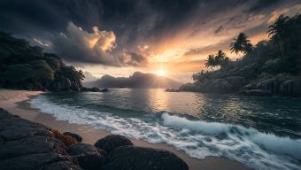 Serene Coastal Sunset: Vibrant Skies Over Rocky Shoreline and Distant Islands
