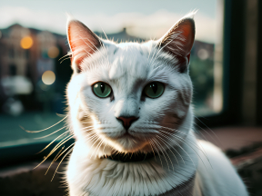 Striking Green-Eyed Calico Cat with Soft, Well-Groomed Fur Stares Intently at Camera