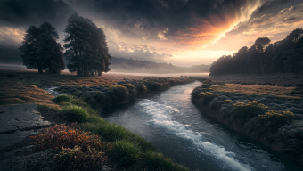 Tranquil River Valley at Sunrise: A Serene Path Through Lush Green Mountains