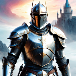 Regal Knight in Ornate Armor Standing Before a Majestic Castle Under a Dramatic Sky