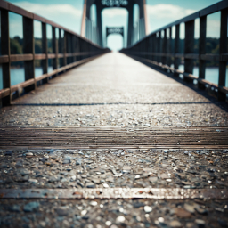 Scenic Metal Footbridge Over Water with Rock-Embedded Deck and Sunlit Surroundings