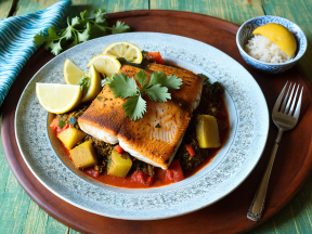 Grilled Fish Fillet with Roasted Vegetables and Rice: A Beautifully Presented Meal