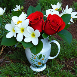 Rustic Floral Arrangement: Red Roses and White Lilies in a Decorative Ceramic Pitcher Amidst a Mossy Garden Setting