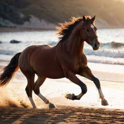 Majestic Horse Galloping Along a Serene Coastal Beach at Sunrise