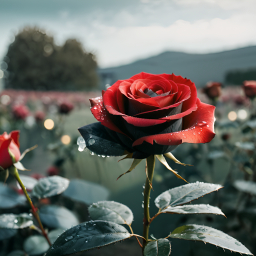 A Dew-Kissed Red Rose in a Serene Garden at Dawn