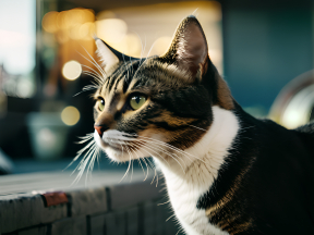 Tabby Cat Indoors Bathed in Warm Light, Gazing Away