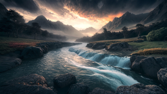 Split-Screen Panorama of a Misty Mountain Landscape and Rocky River Rapids