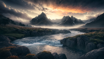 Golden Glow Over Rugged Wilderness: A Majestic Mountain Landscape at Dawn