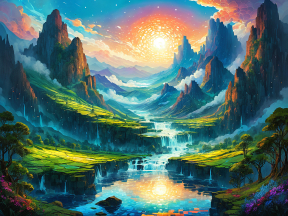 Enchanted Valley: A Dreamscape of Radiant Mountains and Luminous Skies