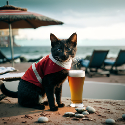 Beachside Relaxation: Cat in a Miami Collar Enjoying a Drink by the Ocean