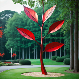 Autumn Elegance: Red Leaf Sculpture Amidst Fall Foliage in a Serene Garden