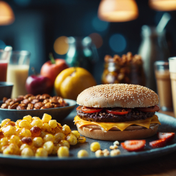 Casual Comfort Food Feast: Cheeseburger with Fresh Veggies and Crispy Sweet Potato Fries