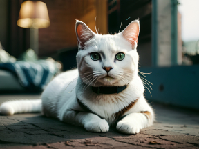 Relaxed British Shorthair Cat Posing Indoors: A Low-Angle Portrait of Elegance and Calm