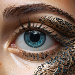 Striking Blue Eye Adorned with Intricate Artistic Metalwork Design