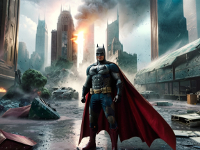 Batman Amidst Chaos: A Vigilante's Stand in a Post-Apocalyptic Cityscape